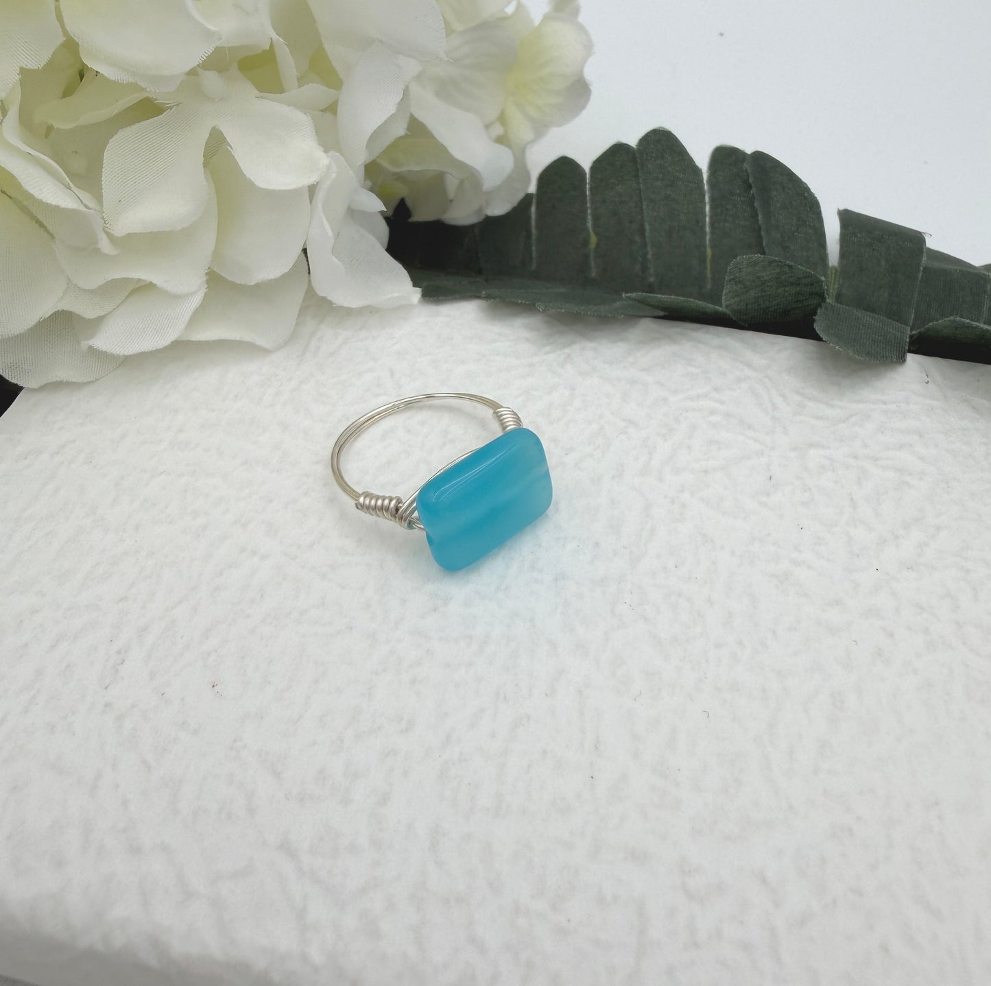 Sterling Silver Wire Wrapped Ring with a Blue Rectangular Glass Bead SR-19