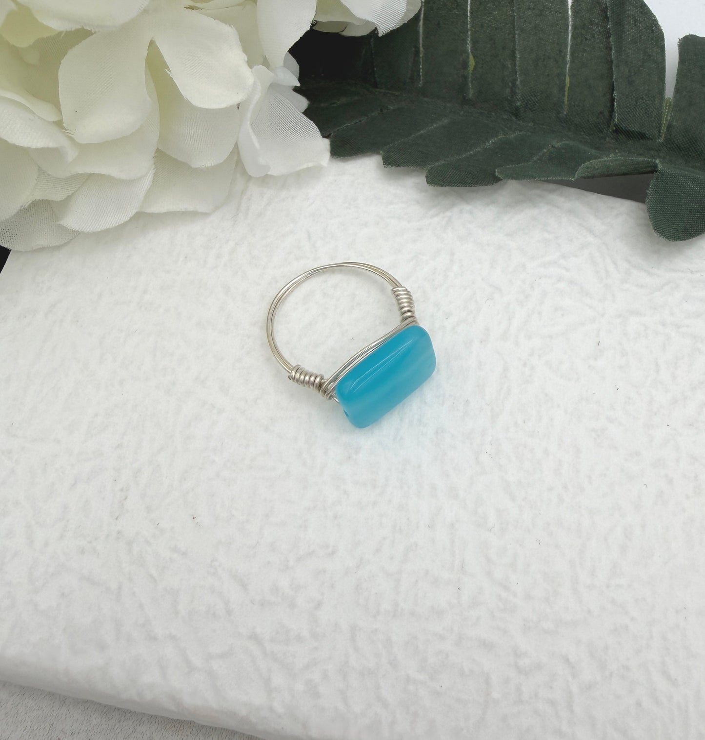 Sterling Silver Wire Wrapped Ring with a Blue Rectangular Glass Bead SR-19