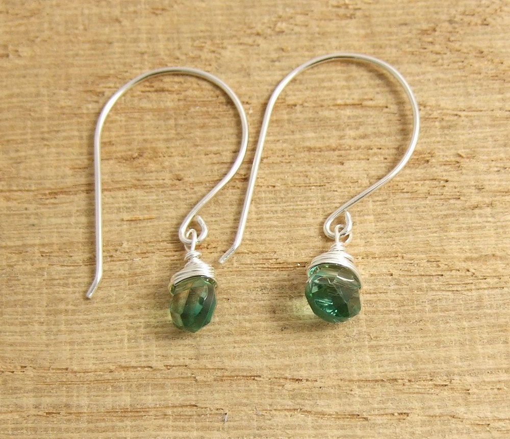 Earrings with Large French Wires and Wire Wrapped Green/Gold Glass Teardrops HE-347