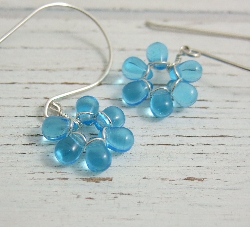 Earrings with Tiny Aqua Blue Glass Teardrop Flowers on Large French Earring Wires FE-32