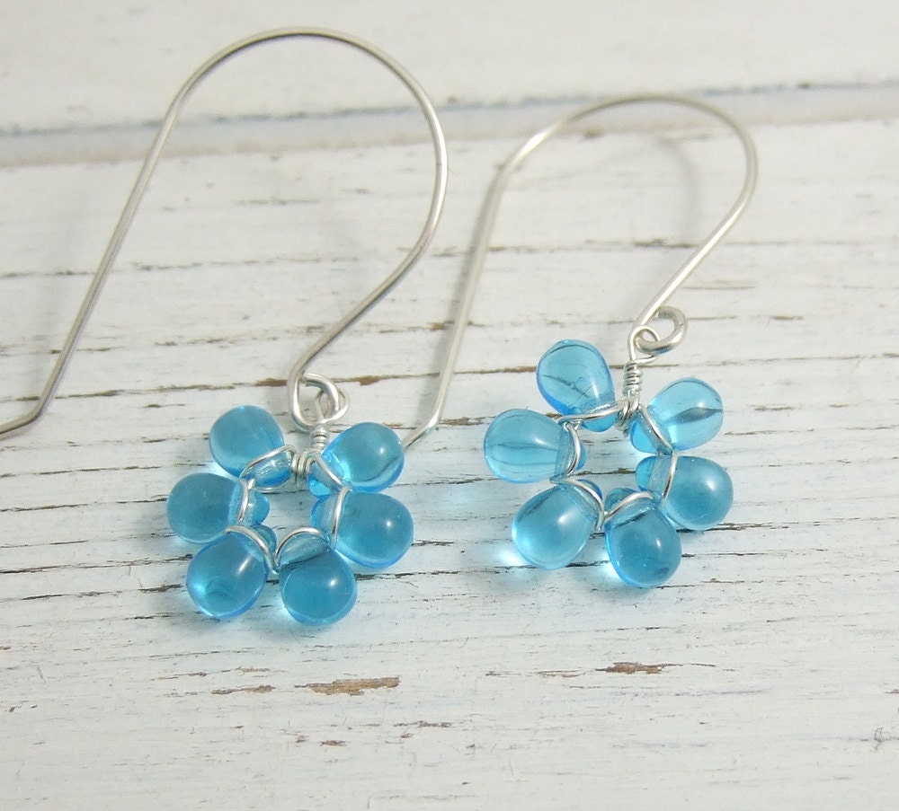 Earrings with Tiny Aqua Blue Glass Teardrop Flowers on Large French Earring Wires FE-32