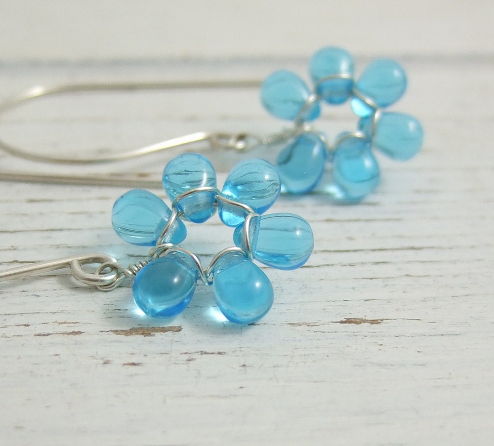 Earrings with Tiny Aqua Blue Glass Teardrop Flowers on Large French Earring Wires FE-32