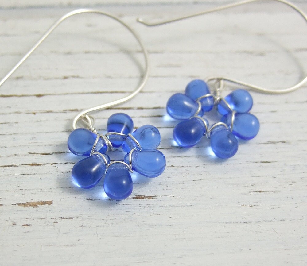 Earrings with Tiny Sapphire Blue Glass Teardrop Flowers on Large French Earring Wires FE-34