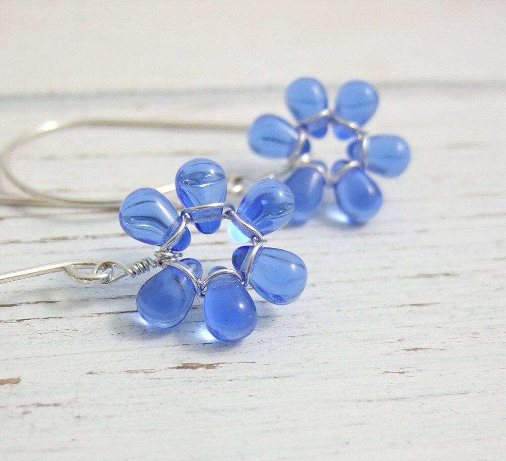 Earrings with Tiny Sapphire Blue Glass Teardrop Flowers on Large French Earring Wires FE-34