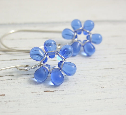 Earrings with Tiny Sapphire Blue Glass Teardrop Flowers on Large French Earring Wires FE-34