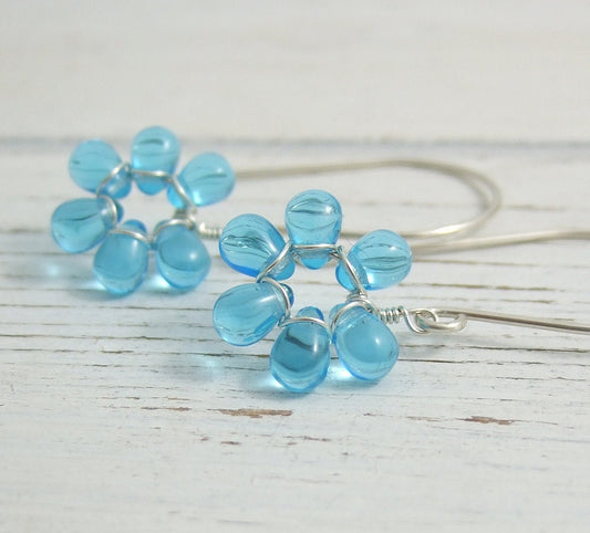Earrings with Tiny Aqua Blue Glass Teardrop Flowers on Large French Earring Wires FE-32