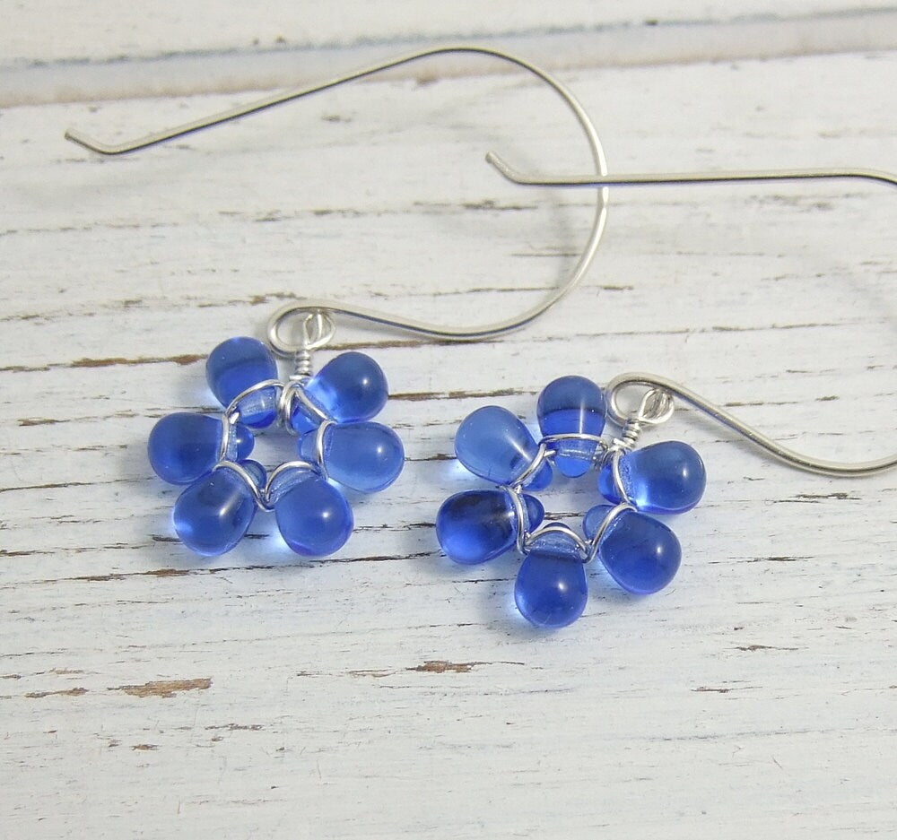 Earrings with Tiny Sapphire Blue Glass Teardrop Flowers on Large French Earring Wires FE-34