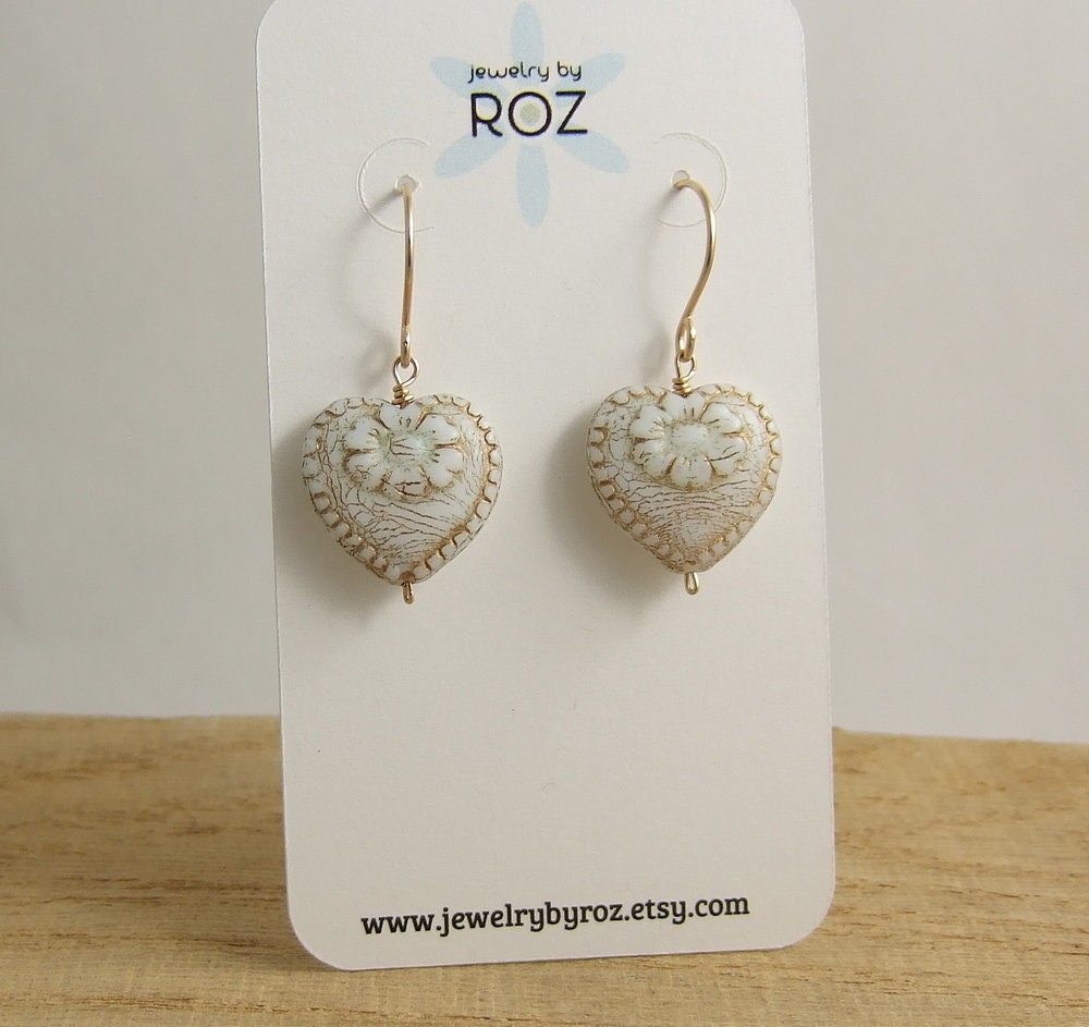 Earrings with Cream and Gold, Czech Glass Heart Beads Wire Wrapped with 14k Gold Filled Wire GHE-31
