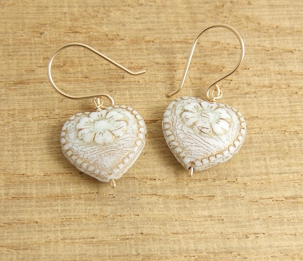 Earrings with Cream and Gold, Czech Glass Heart Beads Wire Wrapped with 14k Gold Filled Wire GHE-31