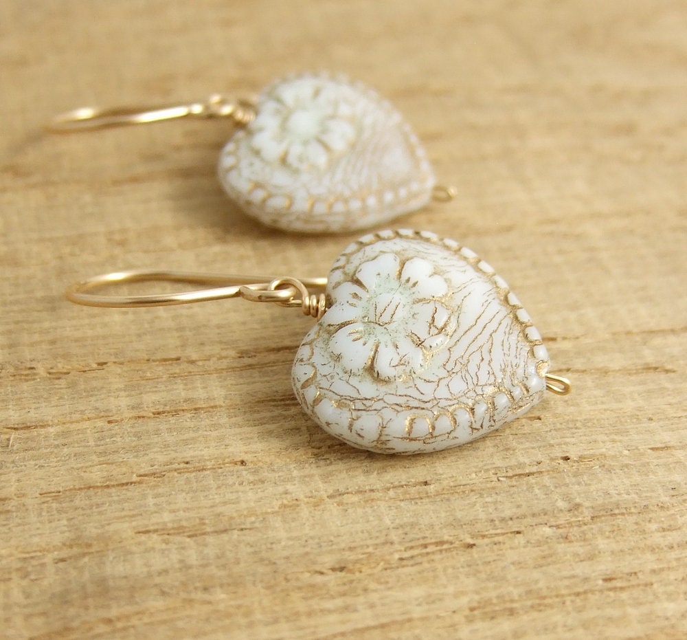 Earrings with Cream and Gold, Czech Glass Heart Beads Wire Wrapped with 14k Gold Filled Wire GHE-31