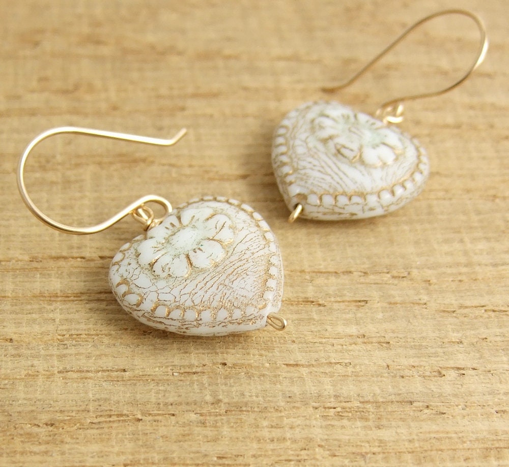Earrings with Cream and Gold, Czech Glass Heart Beads Wire Wrapped with 14k Gold Filled Wire GHE-31