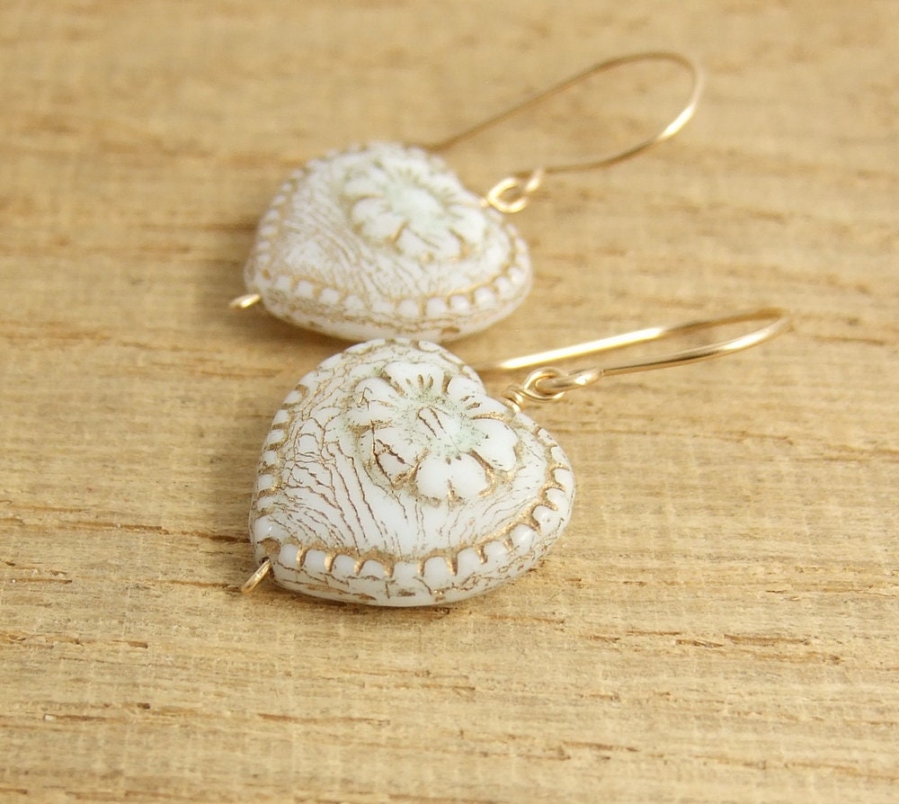 Earrings with Cream and Gold, Czech Glass Heart Beads Wire Wrapped with 14k Gold Filled Wire GHE-31