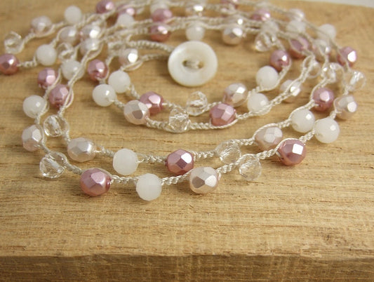Crocheted Necklace 36 Inches with Cream Cord, Crystal, Lilac Pearl Czech Glass, and Dark Pink Czech Glass Beads SN-369