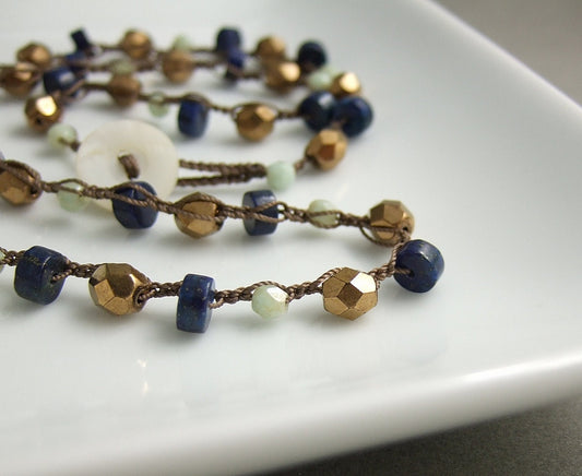 Crocheted Necklace 21 or 30 Inches with a Brown Cord, Lapis Lazuli and Czech Glass Beads SN-401