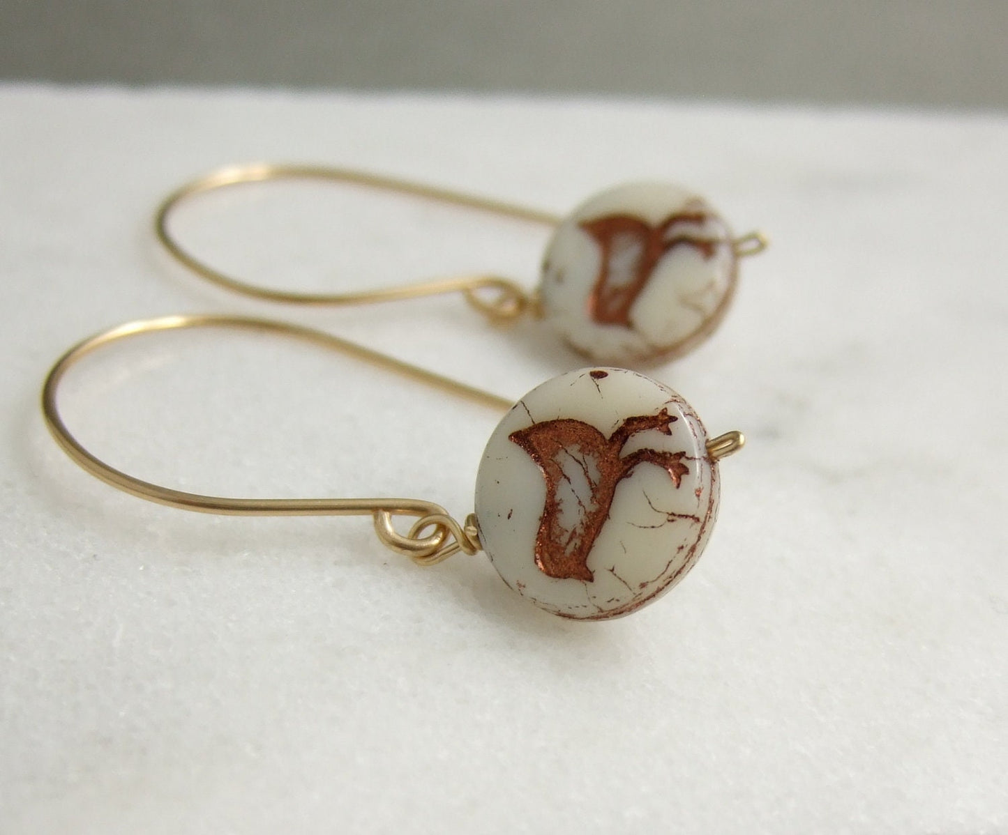 Earrings with Bronze and Cream Czech Glass Beads with Birds Wire Wrapped with Gold Filled Wire GHE-48