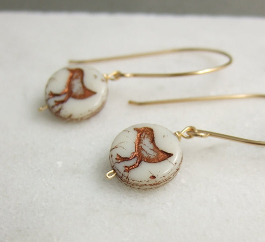 Earrings with Bronze and Cream Czech Glass Beads with Birds Wire Wrapped with Gold Filled Wire GHE-48