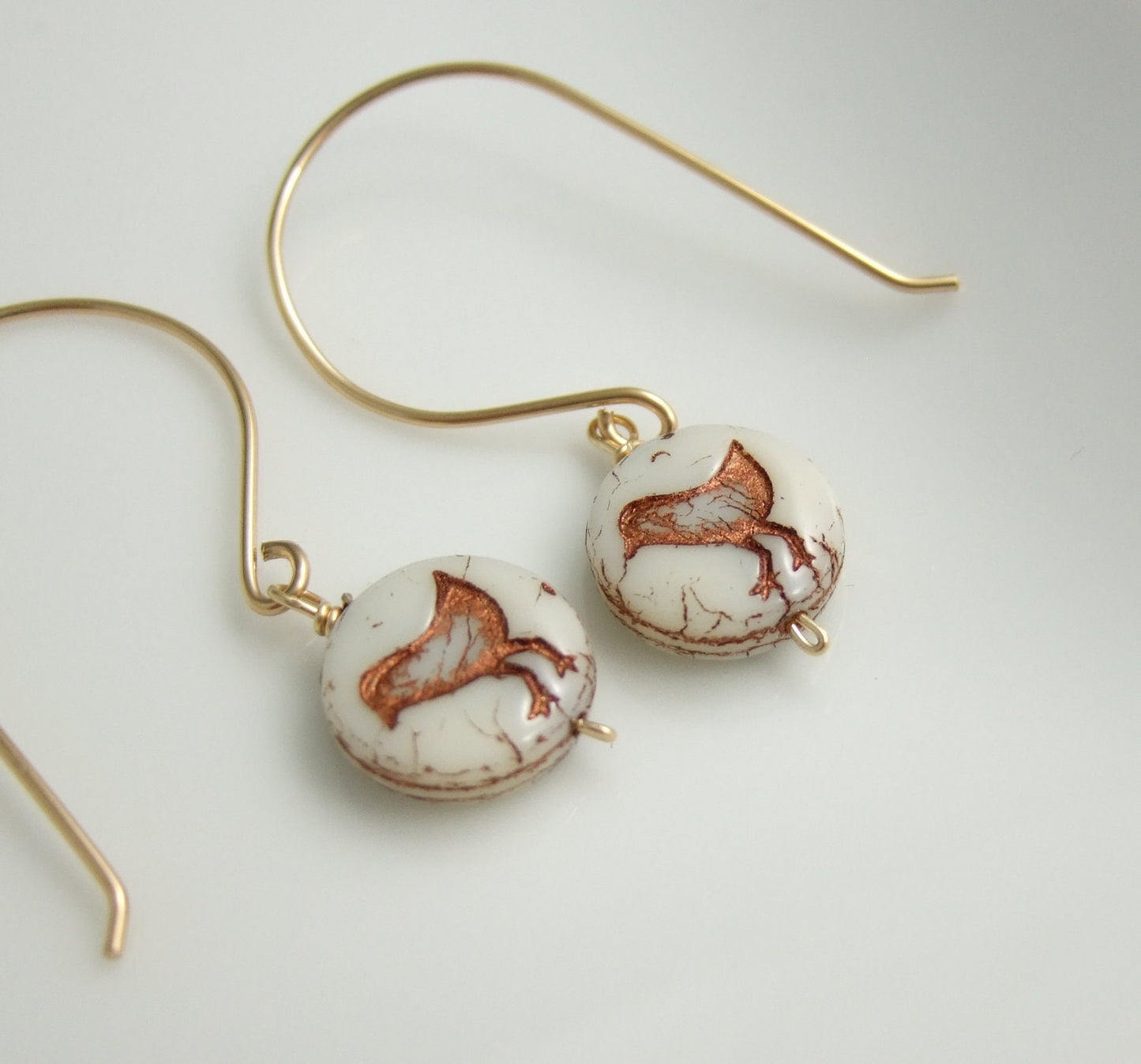Earrings with Bronze and Cream Czech Glass Beads with Birds Wire Wrapped with Gold Filled Wire GHE-48
