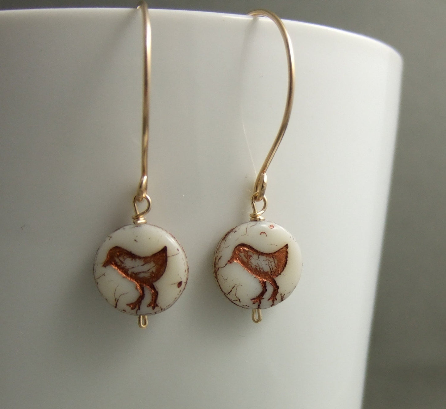 Earrings with Bronze and Cream Czech Glass Beads with Birds Wire Wrapped with Gold Filled Wire GHE-48