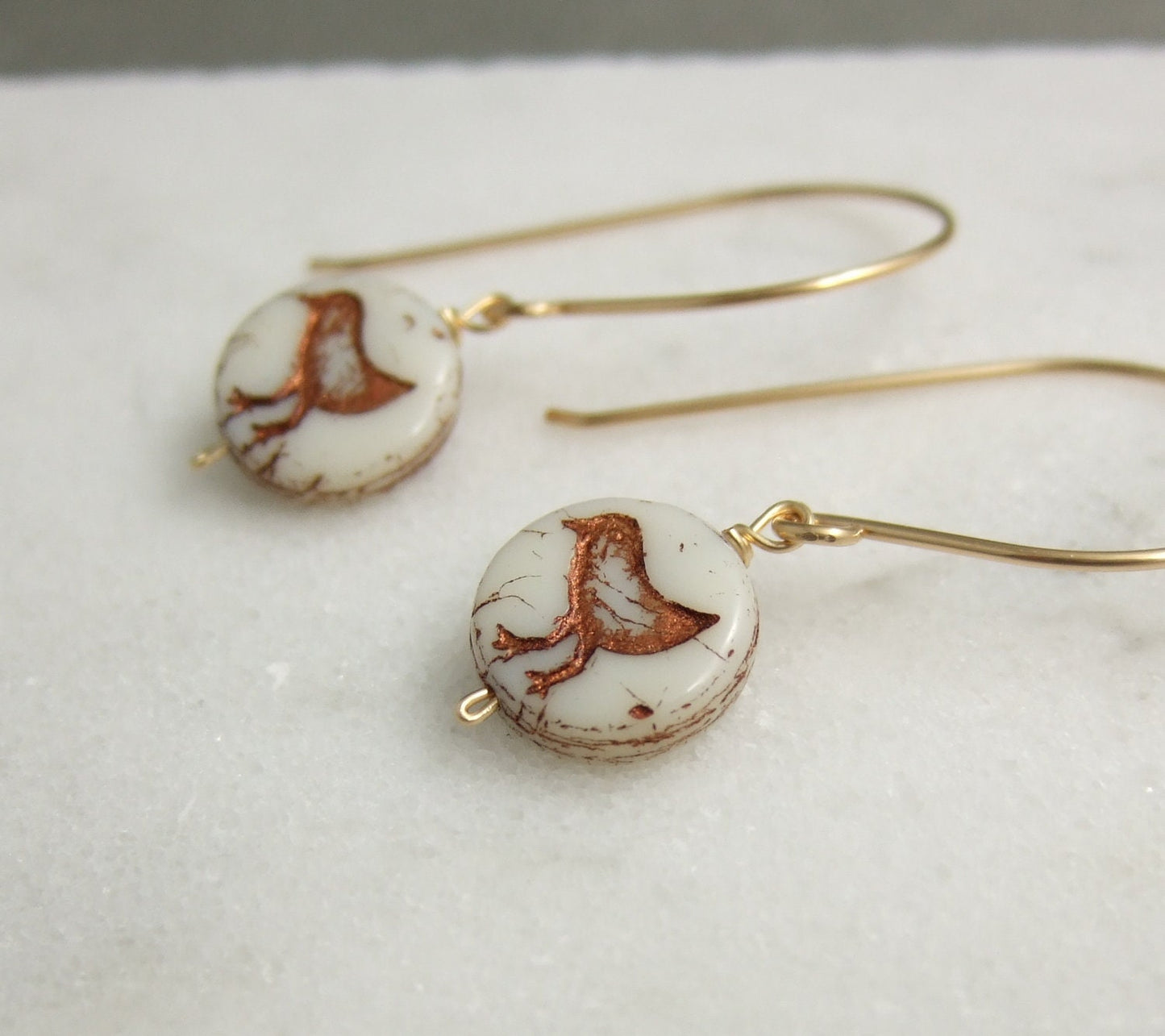 Earrings with Bronze and Cream Czech Glass Beads with Birds Wire Wrapped with Gold Filled Wire GHE-48
