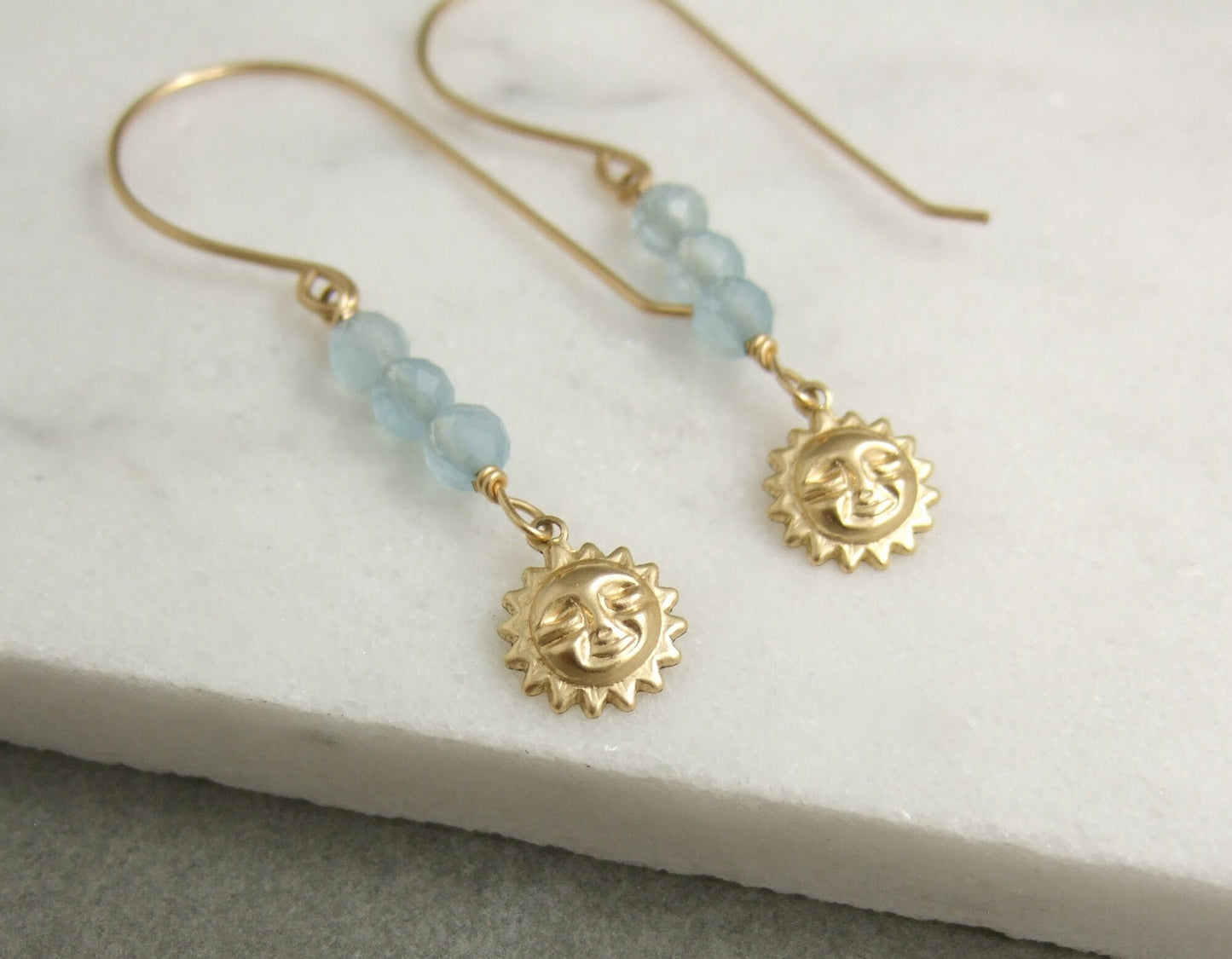 Earrings with Aquamarine and 14k Gold-Filled Sun Charms,  Wire Wrapped with 14k Gold-Filled Wire to 14k Gold-Filled Earring Wires GHE-71