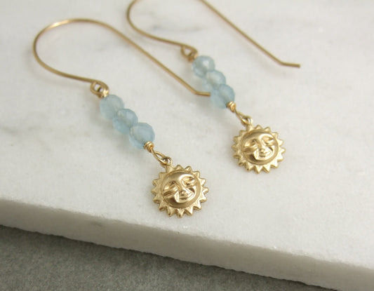 Earrings with Aquamarine and 14k Gold-Filled Sun Charms,  Wire Wrapped with 14k Gold-Filled Wire to 14k Gold-Filled Earring Wires GHE-71
