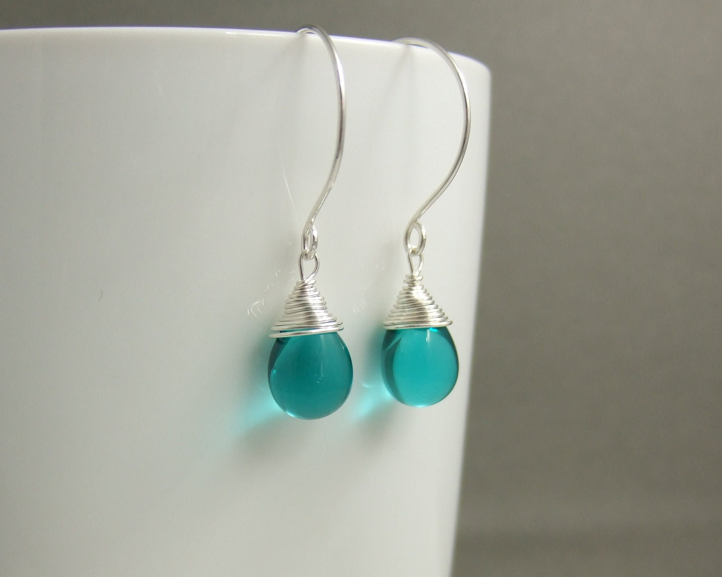 Earrings with Large French Earring Wires and Wrapped, Large Seafoam Green Glass Teardrops HE-458