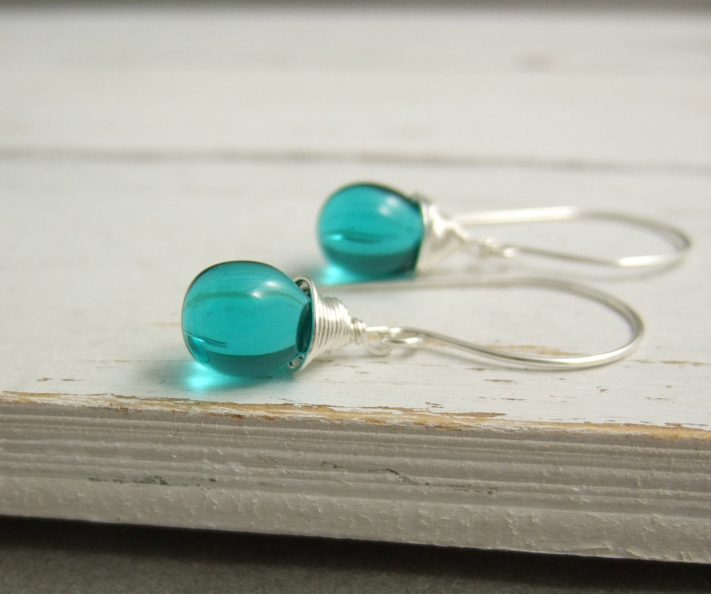 Earrings with Large French Earring Wires and Wrapped, Large Seafoam Green Glass Teardrops HE-458