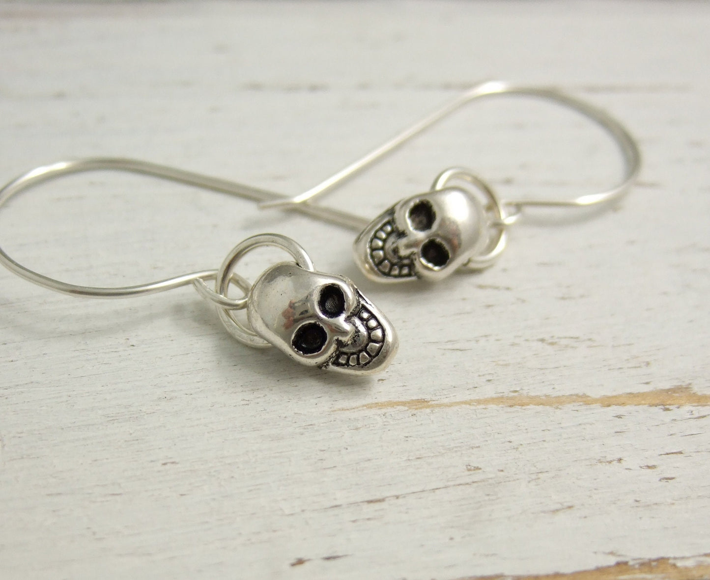 Earrings with Small Metal Skulls on Handmade Sterling Silver Earring Wires HE-449
