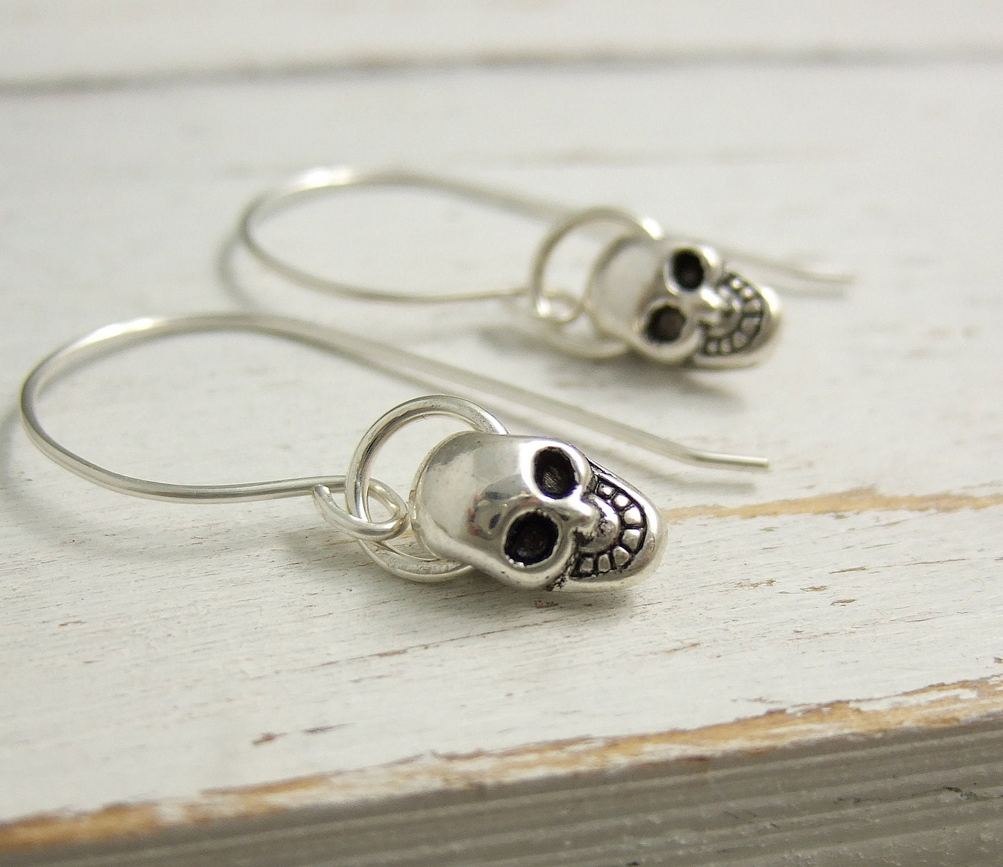 Earrings with Small Metal Skulls on Handmade Sterling Silver Earring Wires HE-449