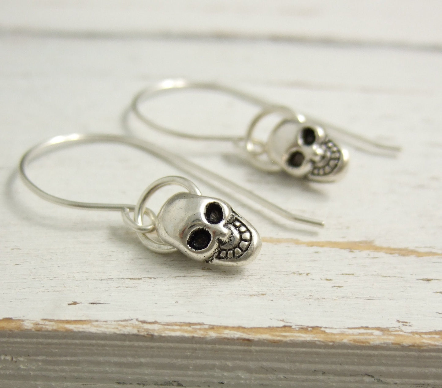 Earrings with Small Metal Skulls on Handmade Sterling Silver Earring Wires HE-449