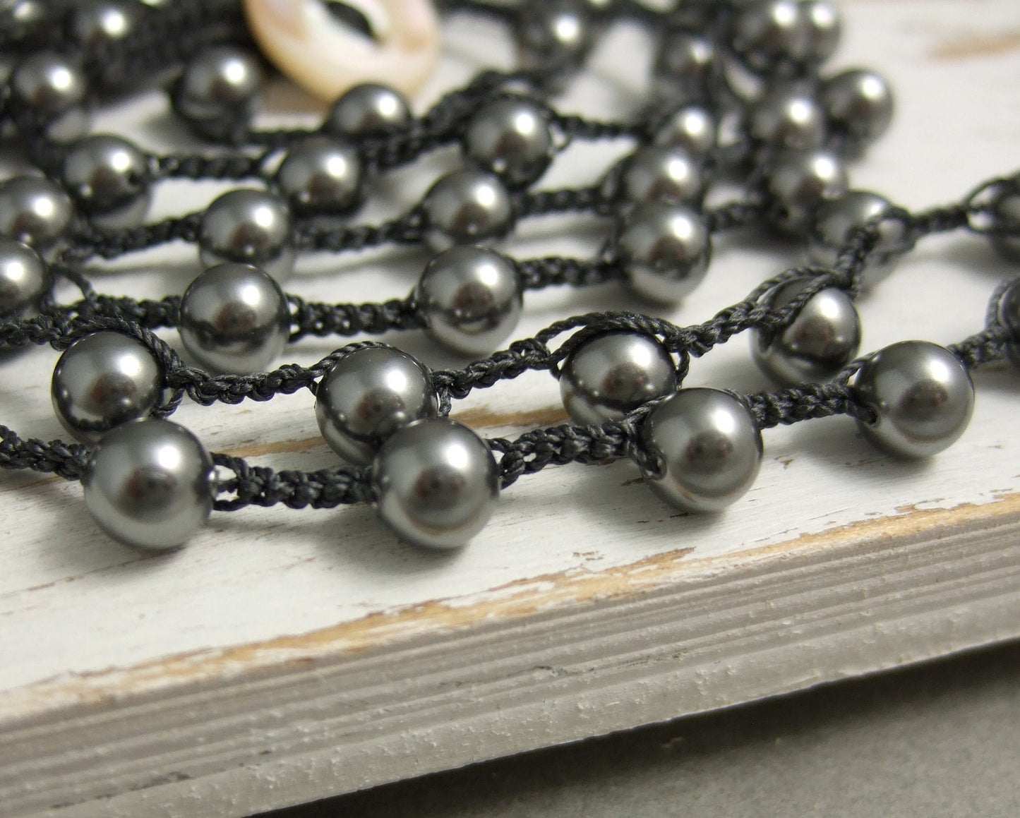 Crocheted Necklace or Bracelet, Long, 36 Inches with a Dark Grey Cord and Dark Gray Crystal Pearls SN-475