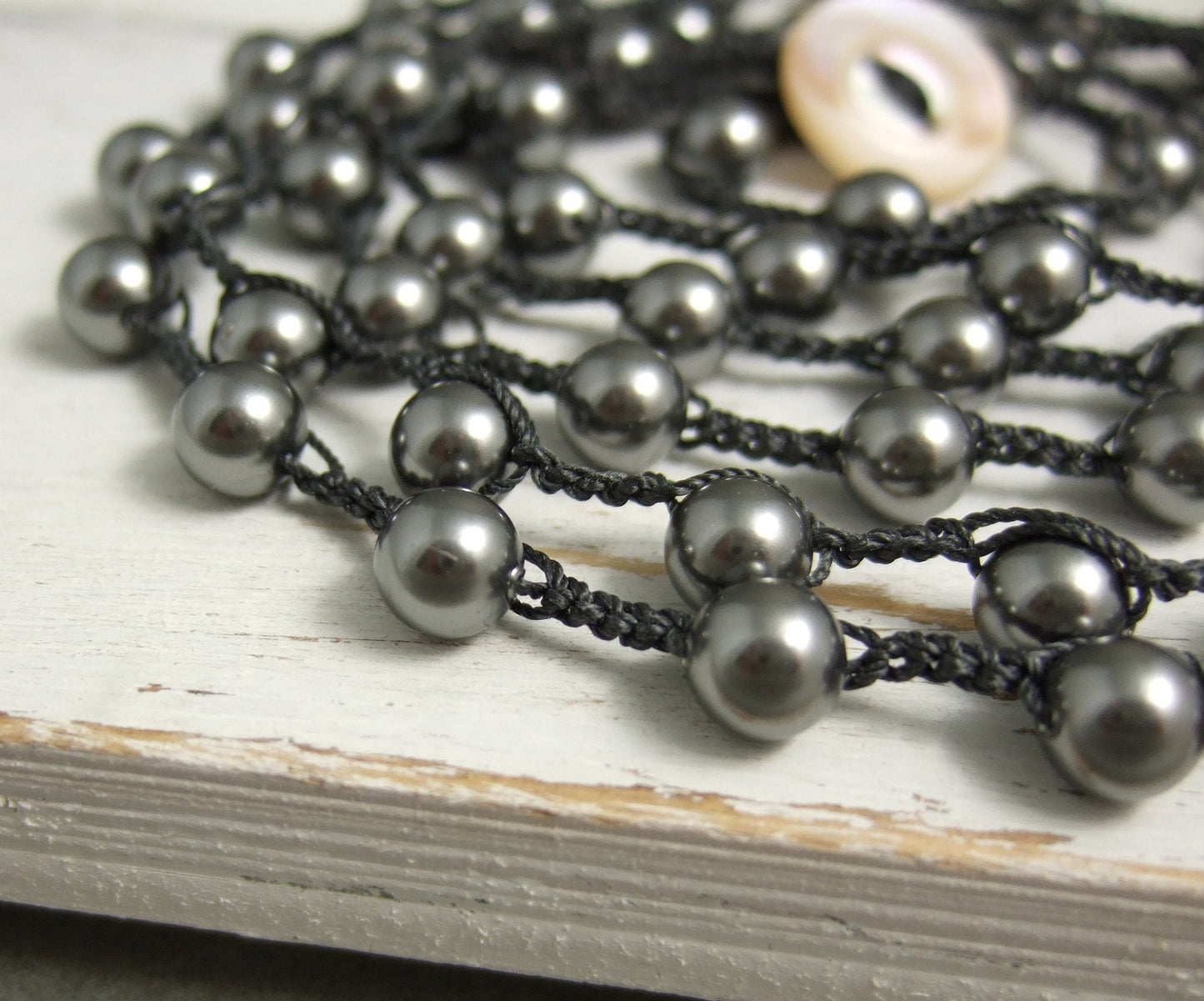Crocheted Necklace or Bracelet, Long, 36 Inches with a Dark Grey Cord and Dark Gray Crystal Pearls SN-475