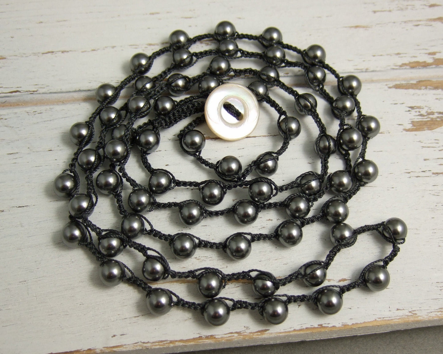 Crocheted Necklace or Bracelet, Long, 36 Inches with a Dark Grey Cord and Dark Gray Crystal Pearls SN-475