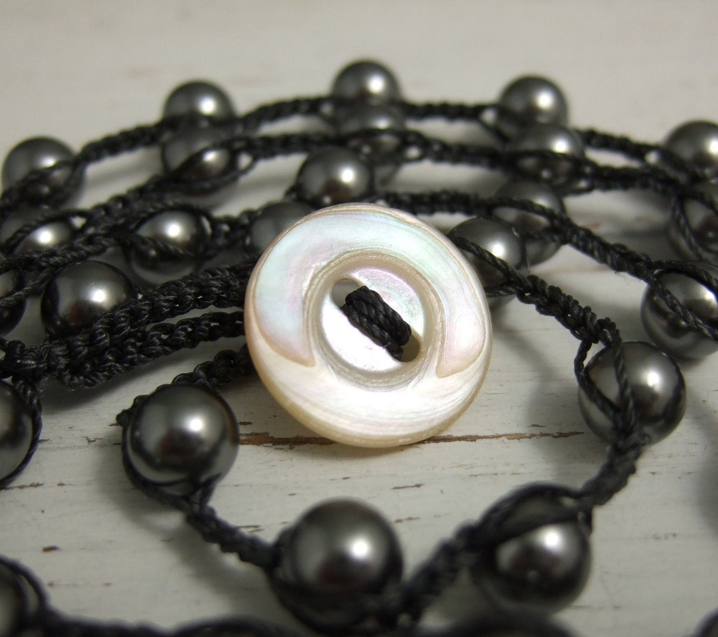 Crocheted Necklace or Bracelet, Long, 36 Inches with a Dark Grey Cord and Dark Gray Crystal Pearls SN-475
