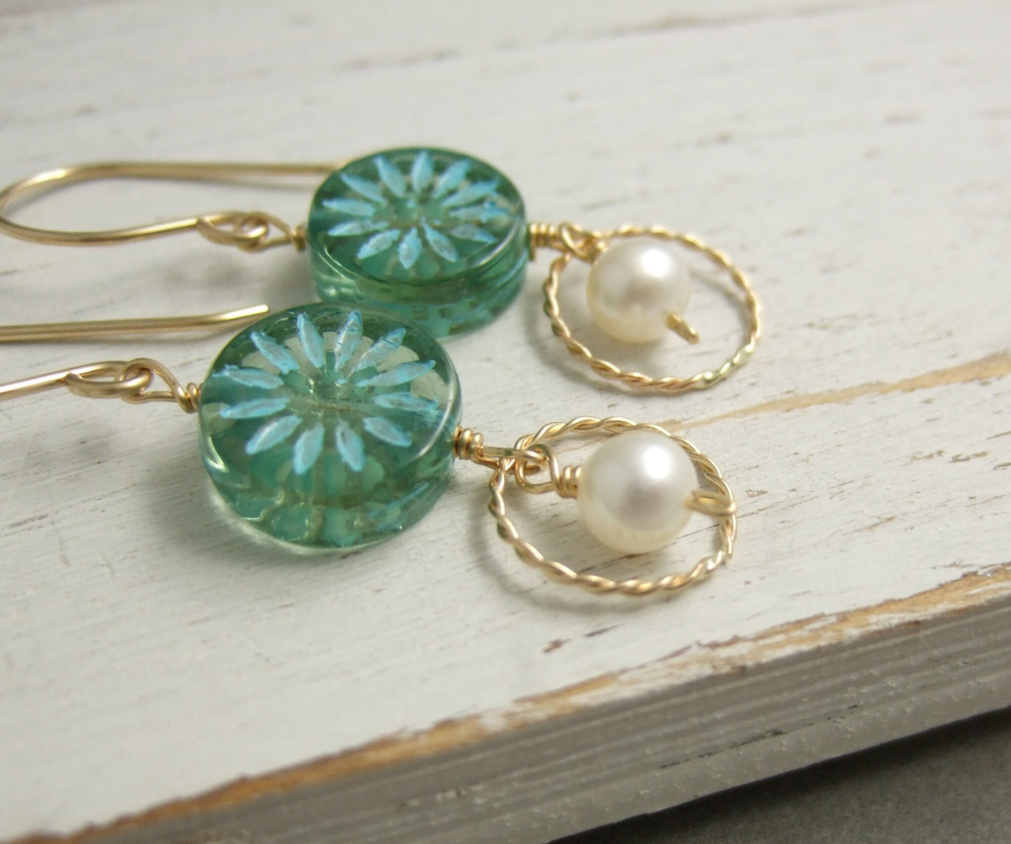 Earrings with Blue Green Flowered Czech Glass Beads, 14k Gold-Filled Loops,  and Pearls Wire Wrapped to 14k Gold-Filled Earring Wires GCE-20