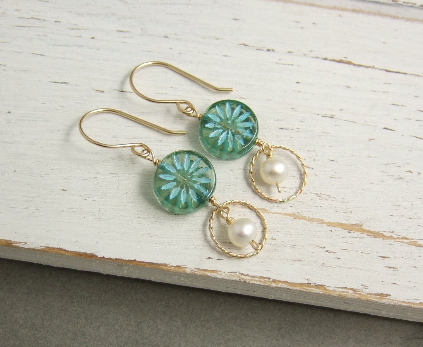 Earrings with Blue Green Flowered Czech Glass Beads, 14k Gold-Filled Loops,  and Pearls Wire Wrapped to 14k Gold-Filled Earring Wires GCE-20