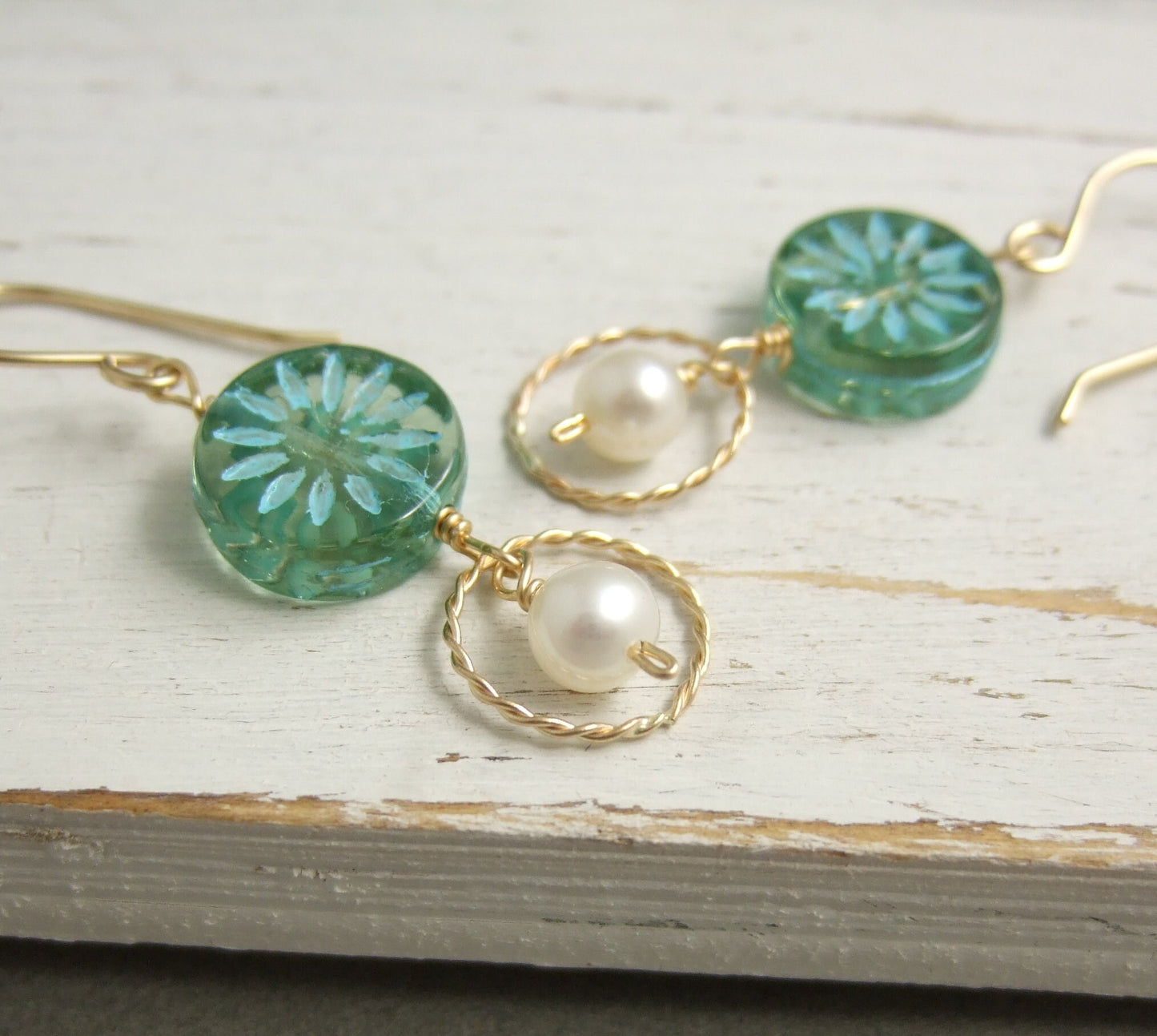 Earrings with Blue Green Flowered Czech Glass Beads, 14k Gold-Filled Loops,  and Pearls Wire Wrapped to 14k Gold-Filled Earring Wires GCE-20