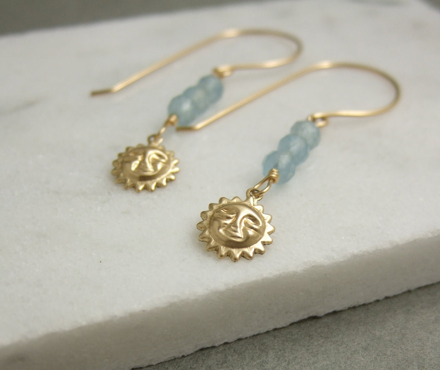 Earrings with Aquamarine and 14k Gold-Filled Sun Charms,  Wire Wrapped with 14k Gold-Filled Wire to 14k Gold-Filled Earring Wires GHE-71