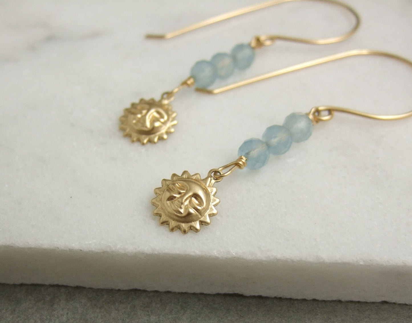 Earrings with Aquamarine and 14k Gold-Filled Sun Charms,  Wire Wrapped with 14k Gold-Filled Wire to 14k Gold-Filled Earring Wires GHE-71