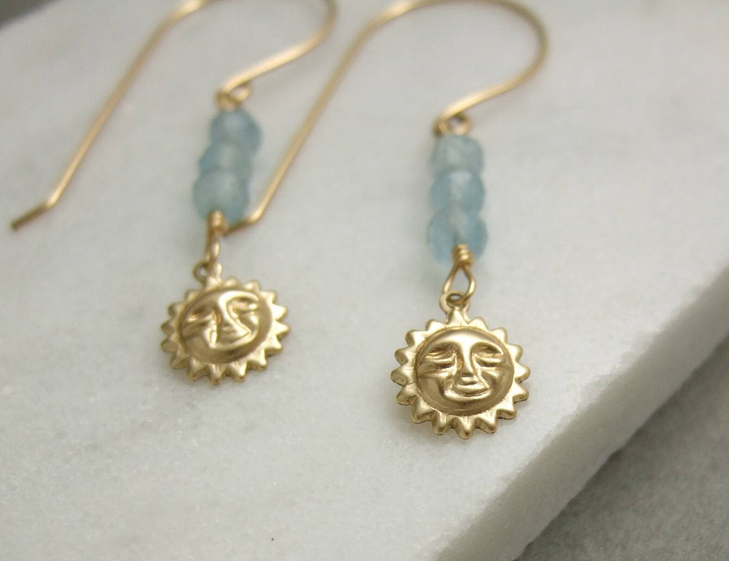 Earrings with Aquamarine and 14k Gold-Filled Sun Charms,  Wire Wrapped with 14k Gold-Filled Wire to 14k Gold-Filled Earring Wires GHE-71