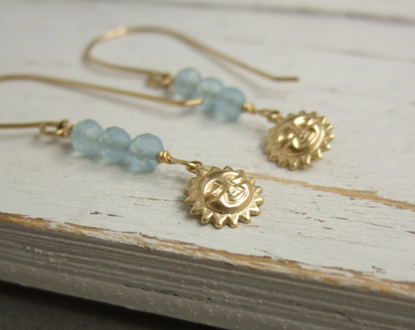 Earrings with Aquamarine and 14k Gold-Filled Sun Charms,  Wire Wrapped with 14k Gold-Filled Wire to 14k Gold-Filled Earring Wires GHE-71