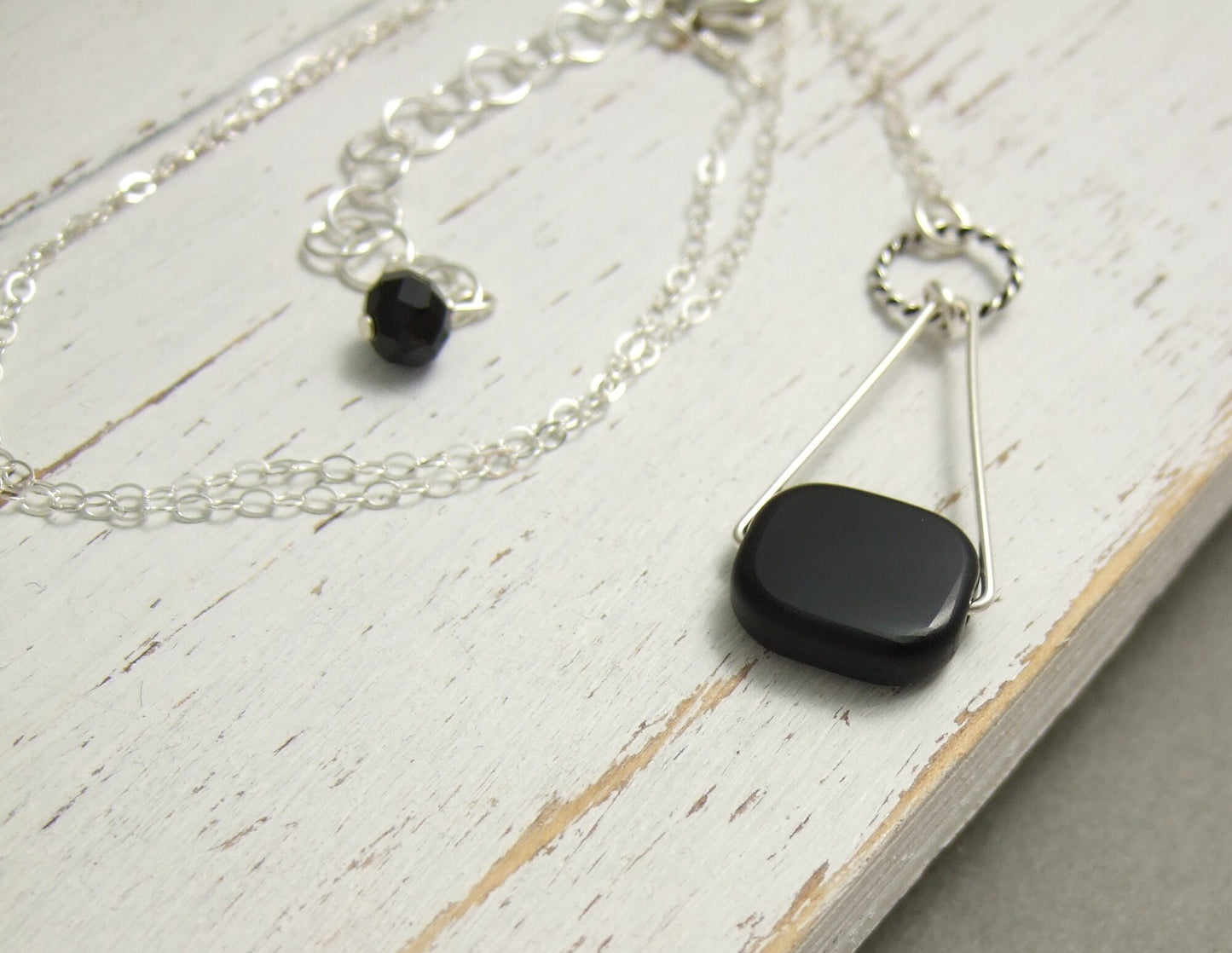 Necklace with a Black, Rectangular Glass Bead Wire Wrapped with Sterling Silver Wire to a Sterling Silver Oxidized Loop and Triangle CDN-779