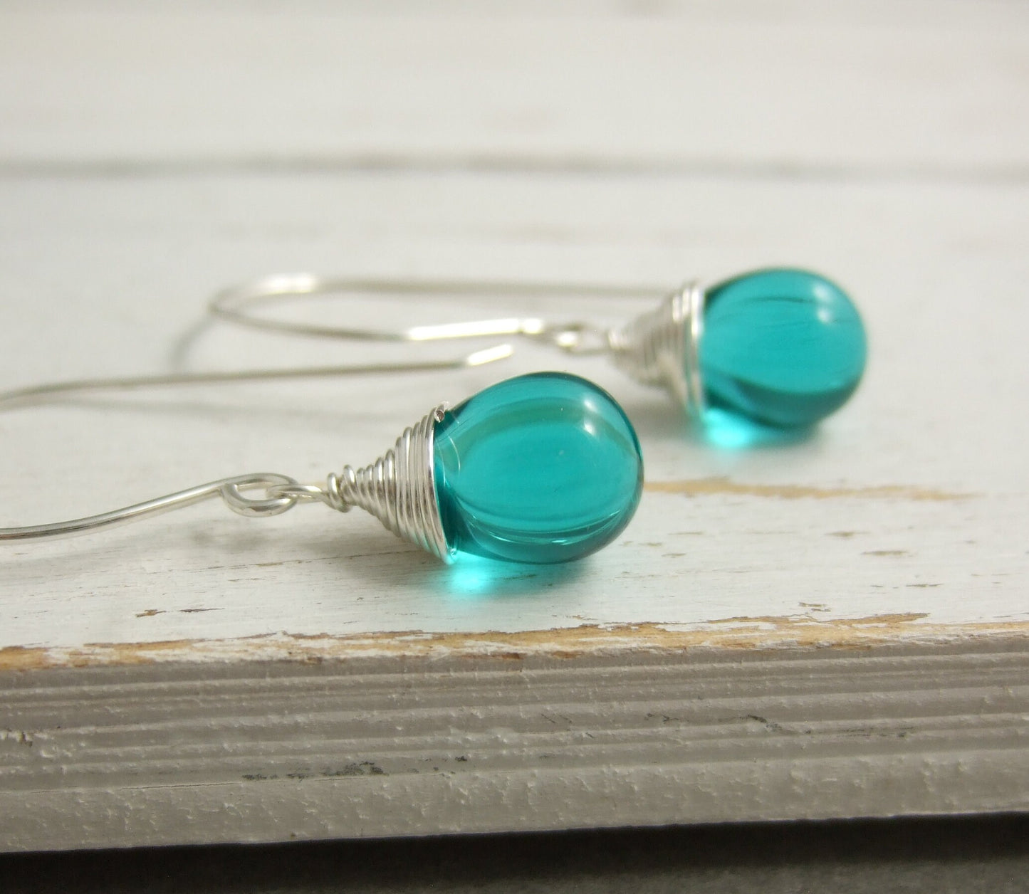 Earrings with Large French Earring Wires and Wrapped, Large Seafoam Green Glass Teardrops HE-458