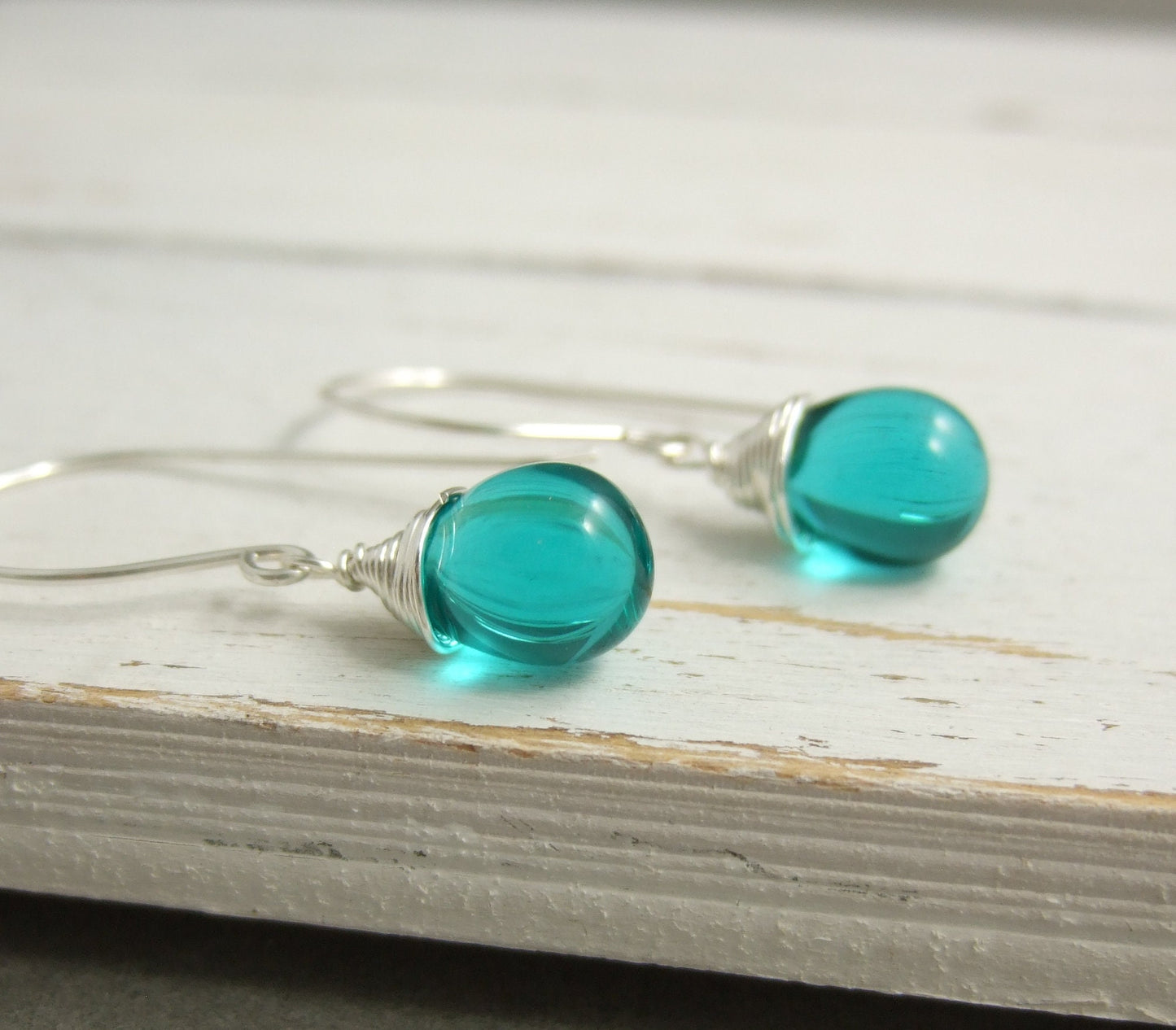 Earrings with Large French Earring Wires and Wrapped, Large Seafoam Green Glass Teardrops HE-458