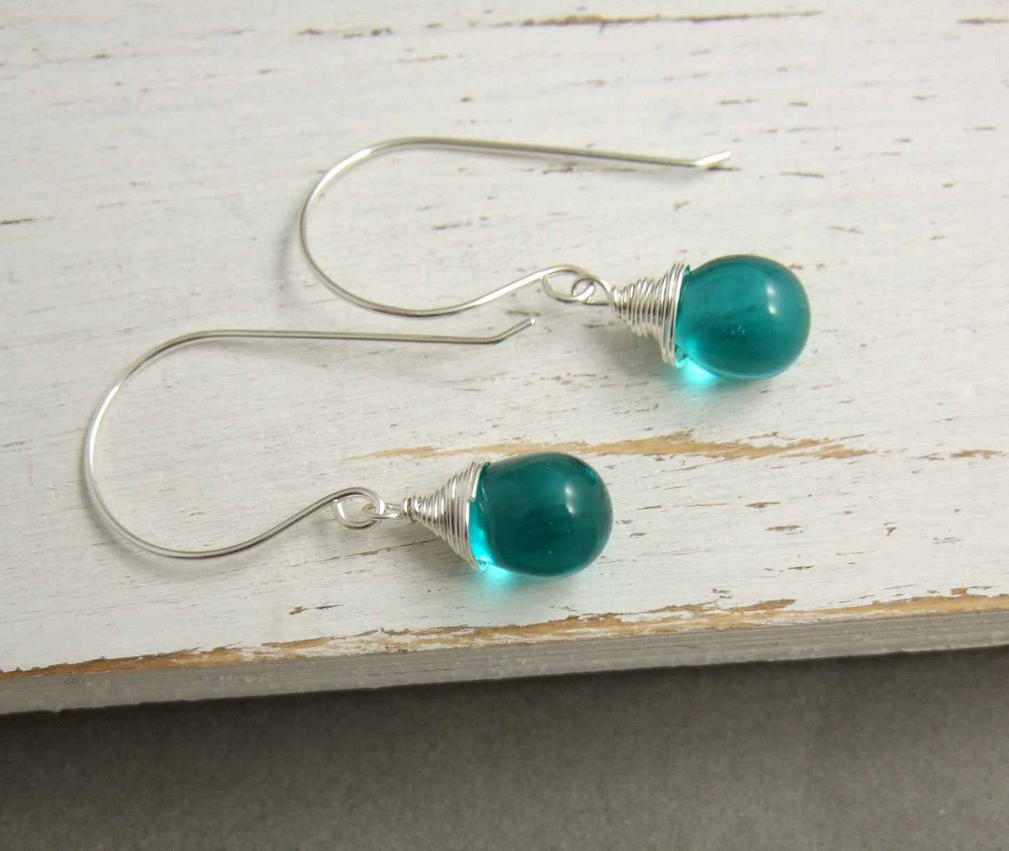 Earrings with Large French Earring Wires and Wrapped, Large Seafoam Green Glass Teardrops HE-458