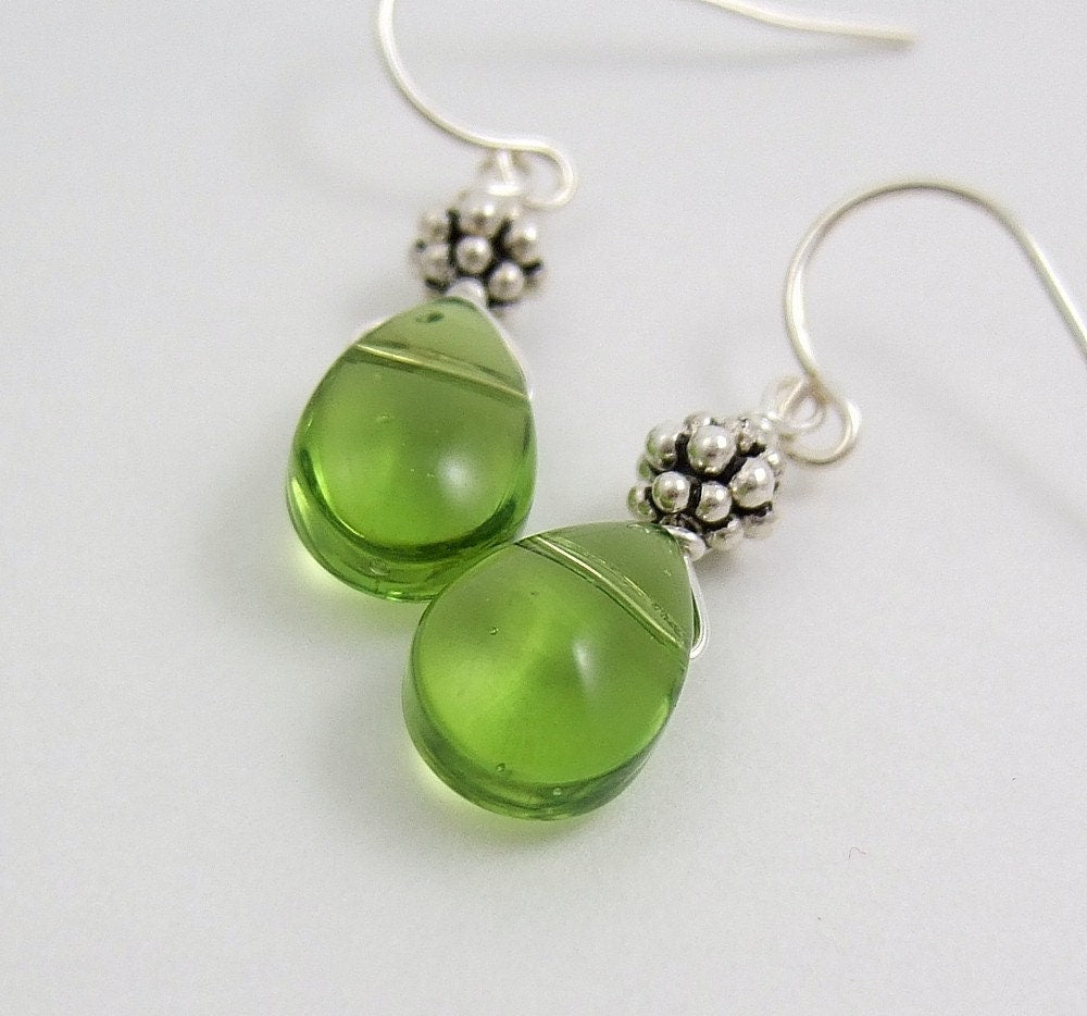 Earrings with Green Glass Teardrops and Bali Beads HE-135