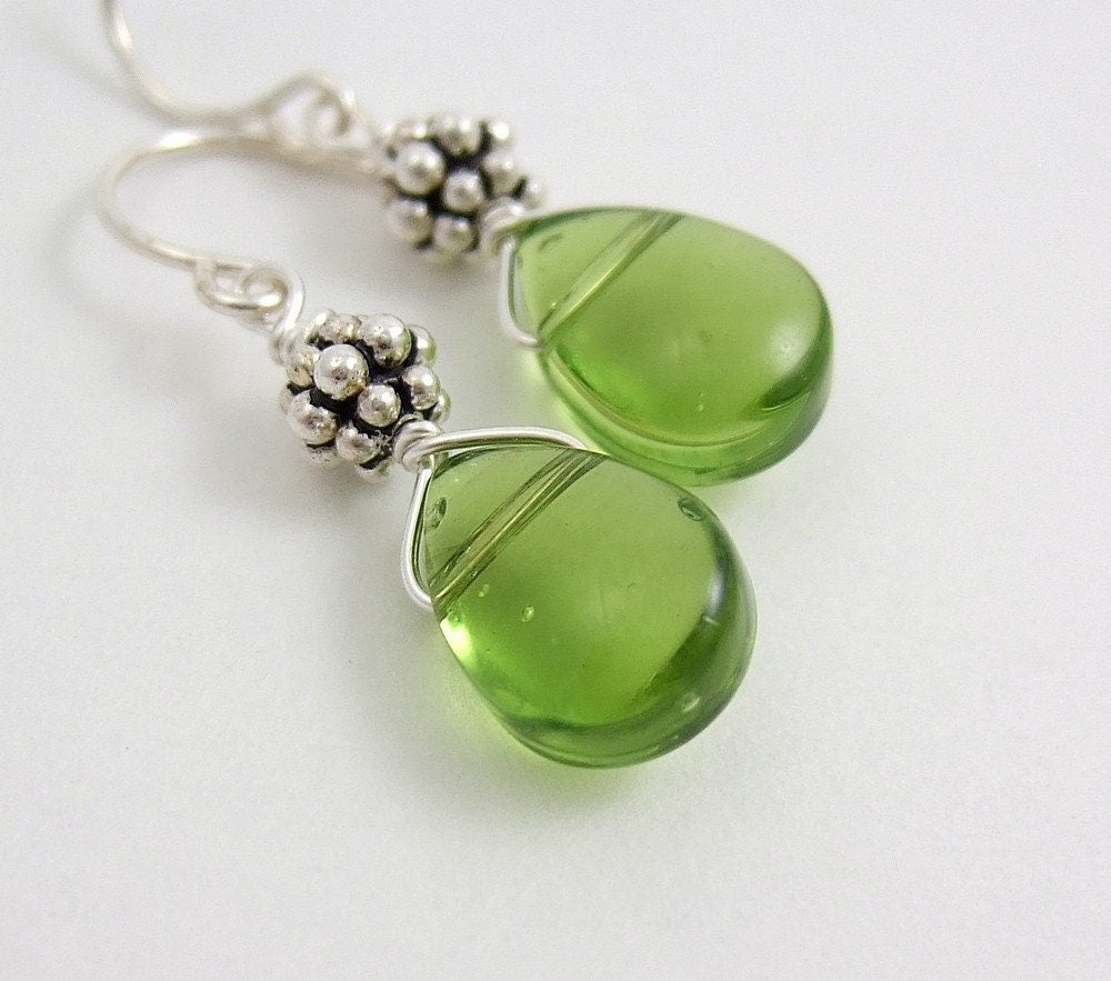 Earrings with Green Glass Teardrops and Bali Beads HE-135