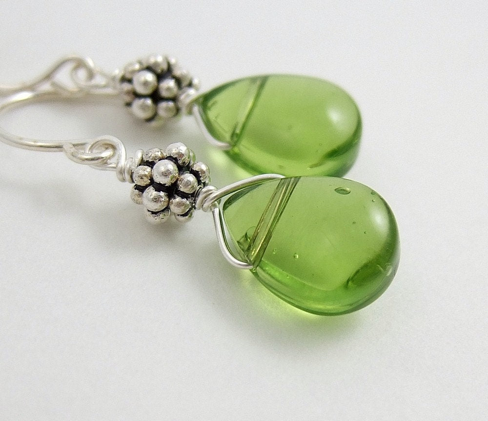 Earrings with Green Glass Teardrops and Bali Beads HE-135