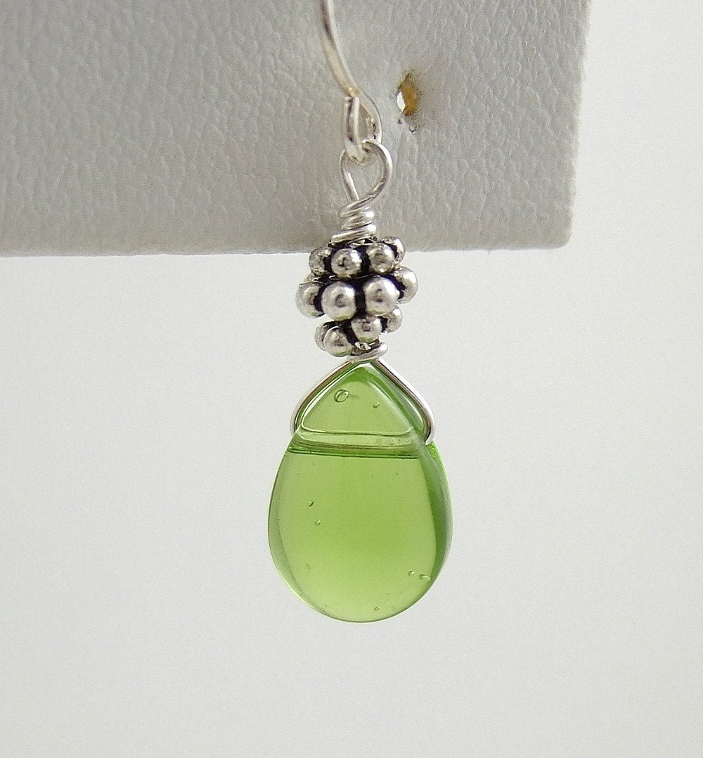Earrings with Green Glass Teardrops and Bali Beads HE-135
