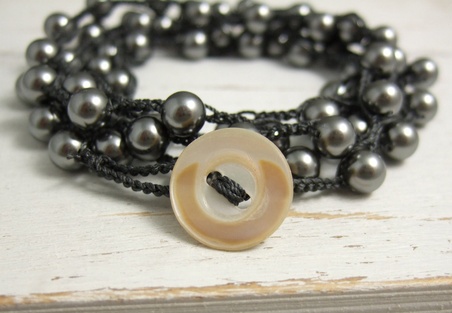 Crocheted Necklace or Bracelet, Long, 36 Inches with a Dark Grey Cord and Dark Gray Crystal Pearls SN-475